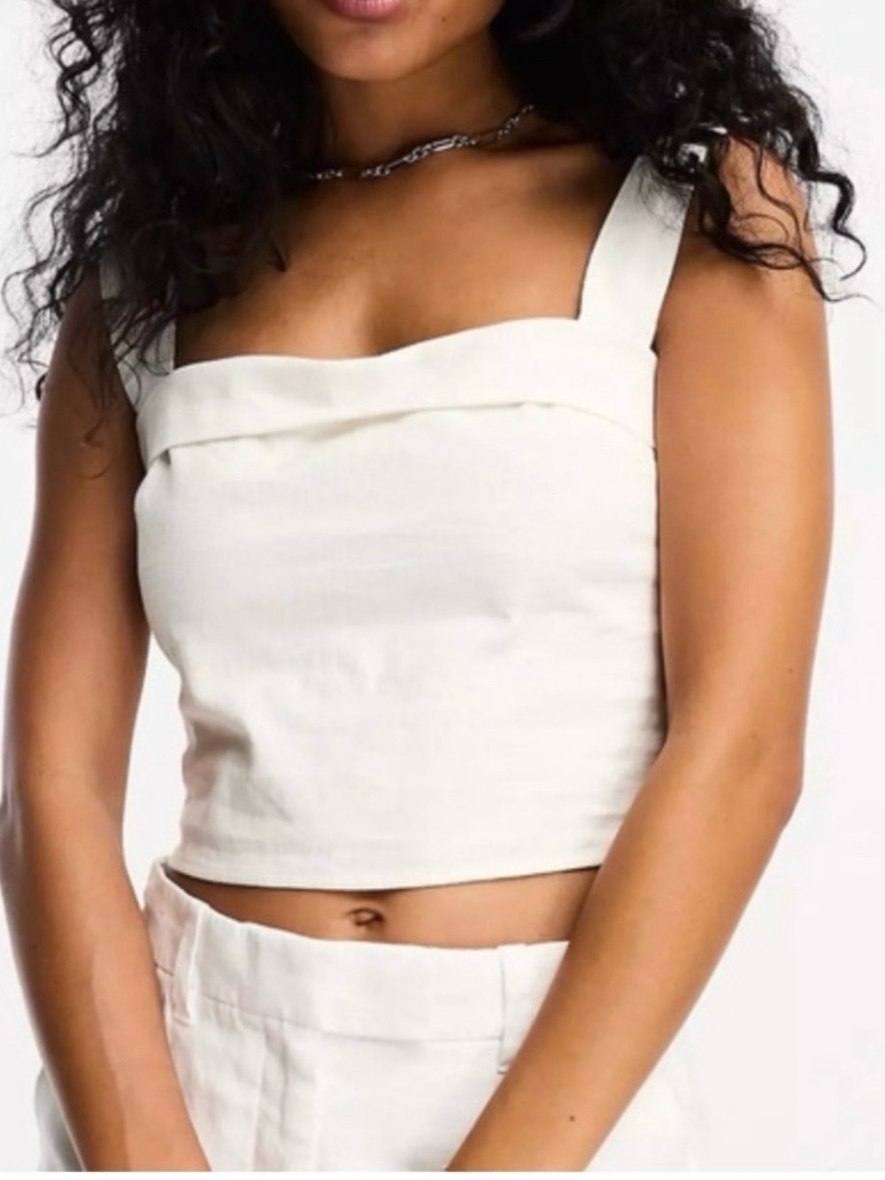 Abercrombie & Fitch Cream Square-Neck Cropped Tank Linen blend